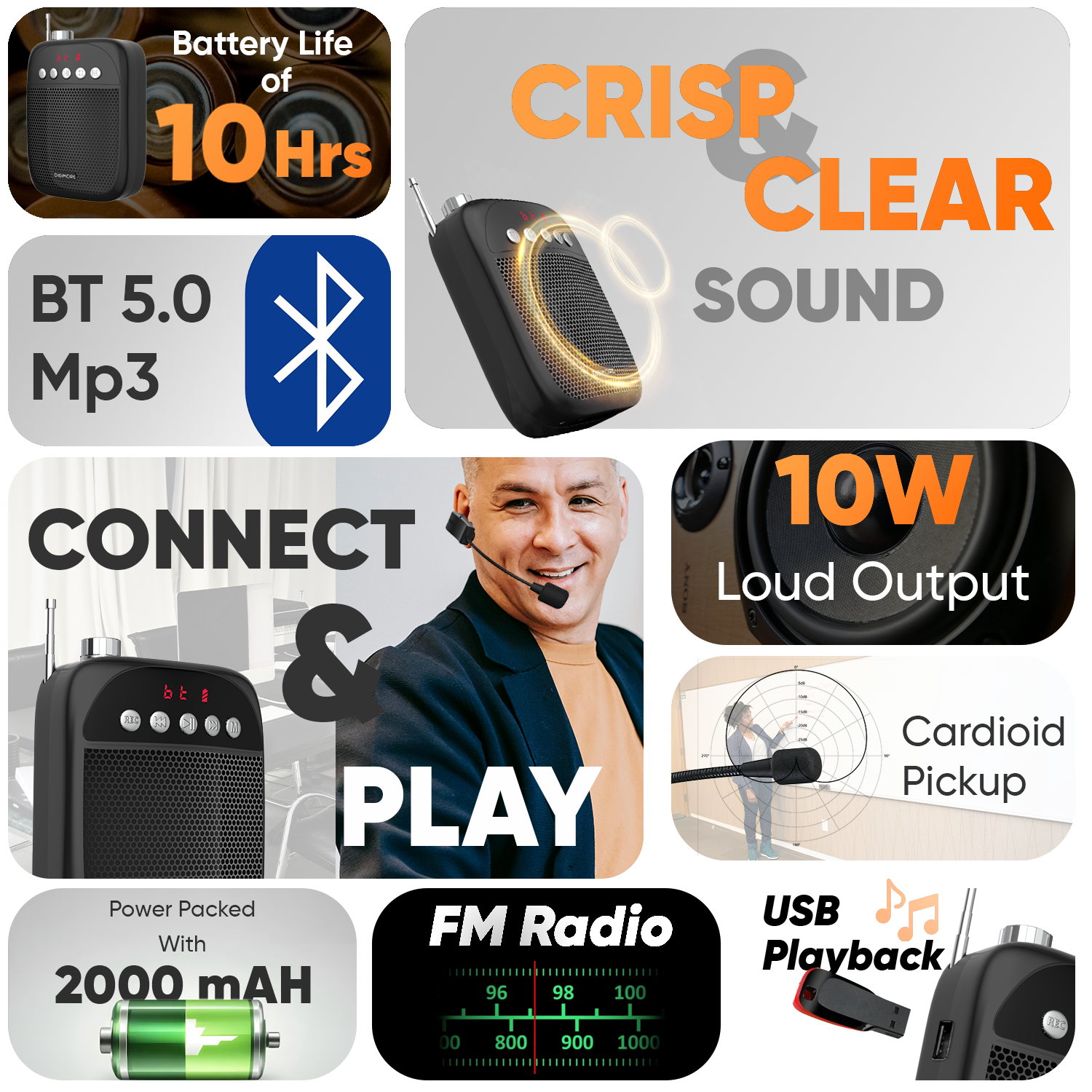 DIGIMORE Portable Voice Amplifier | 10W Loud Speaker w Head Mic | BT 5.0, USB MP3, FM, TF Card & Recording Feature | 10Hrs Battery Life | for Tour Guides, Yoga, Fitness Instructors, Colleges (D-1220)