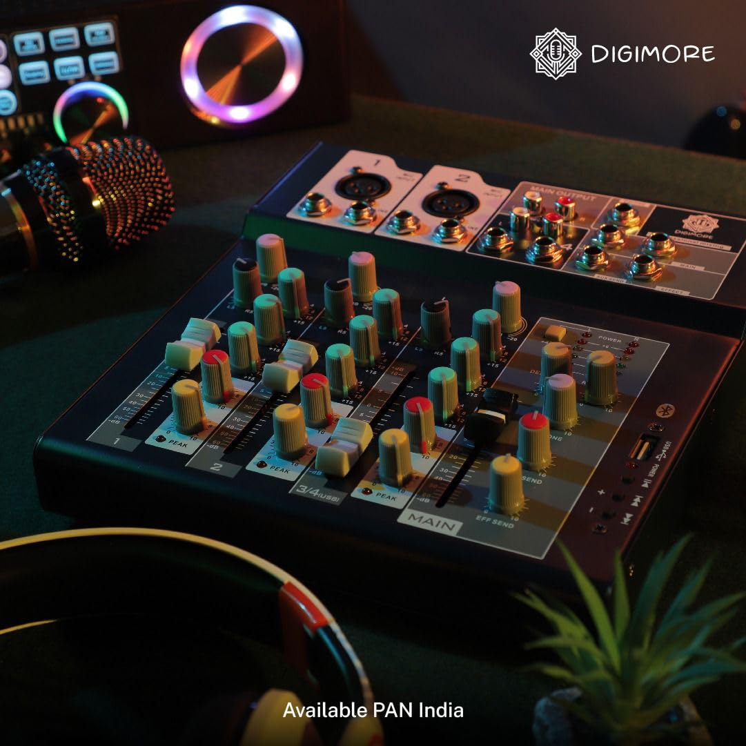 DIGIMORE Audio Mixer 4 Channel | Mixing Console with USB Audio mp3 and 48V Phantom Power, Stereo Equalizer, Ideal for Stage, Live Gigs, and Karaoke (D-250)