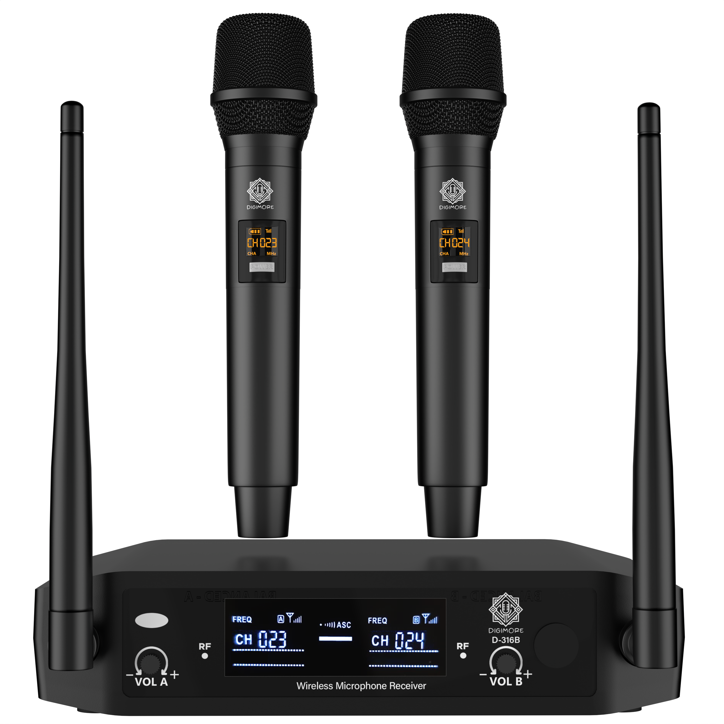 DIGIMORE Wireless UHF Hand Microphone System with Fixed Frequency| 2 Handheld Mics| 150Ft Range| Cardioid Pickup| Independent Volume Controls| Cordless Mic for Singing, Karaoke, Church, DJ (D-315)