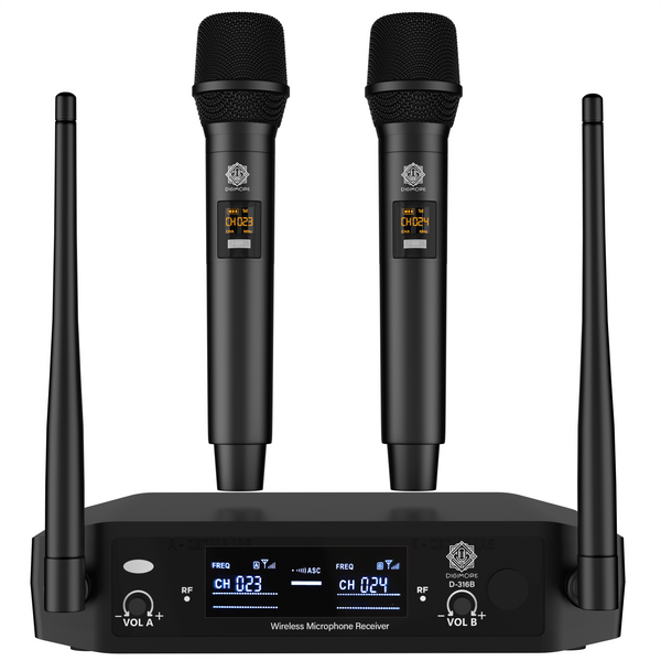 DIGIMORE Wireless UHF Hand Microphone System with Fixed Frequency| 2 Handheld Mics| 150Ft Range| Cardioid Pickup| Independent Volume Controls| Cordless Mic for Singing, Karaoke, Church, DJ (D-315)
