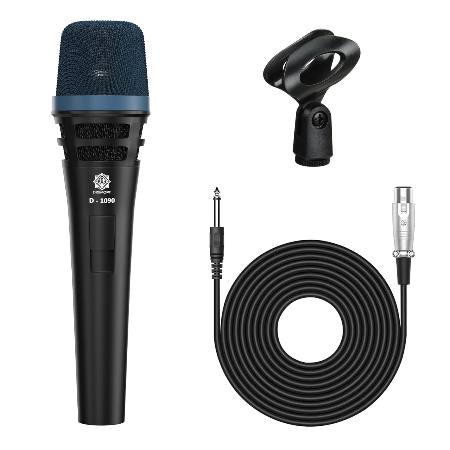 DIGIMORE Super-Cardioid Dynamic Microphone | Durable Metal Body | XLR to 6.35mm 20ft Cable with Mic Holder | Ideal for Vocals, Singing, Live Performance & Public Gatherings (D-1090)