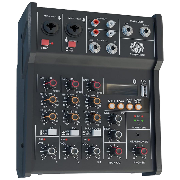 DIGIMORE Audio Mixer 4 Channel for Stage Live Studio Stereo Recording DJ Sound Board Console System Interface with 48V Phantom Power | HI-Z Function (D-200)
