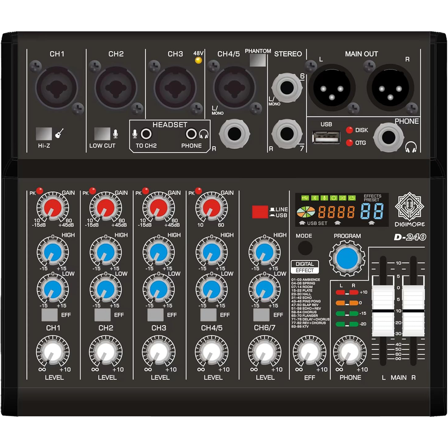 DIGIMORE 7 Channel Audio Mixer | DJ mixer Board | Bluetooth MP3 Mixer for Music With Sound Card Recording And 88 Kinds of DSP Digital Effects, USB Audio Interface for Karaoke (D-240)