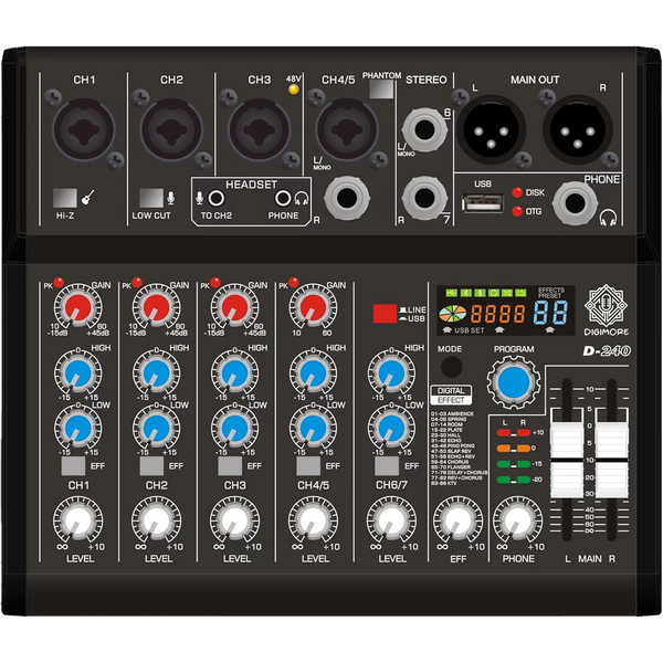 DIGIMORE 7 Channel Audio Mixer | DJ mixer Board | Bluetooth MP3 Mixer for Music With Sound Card Recording And 88 Kinds of DSP Digital Effects, USB Audio Interface for Karaoke (D-240)