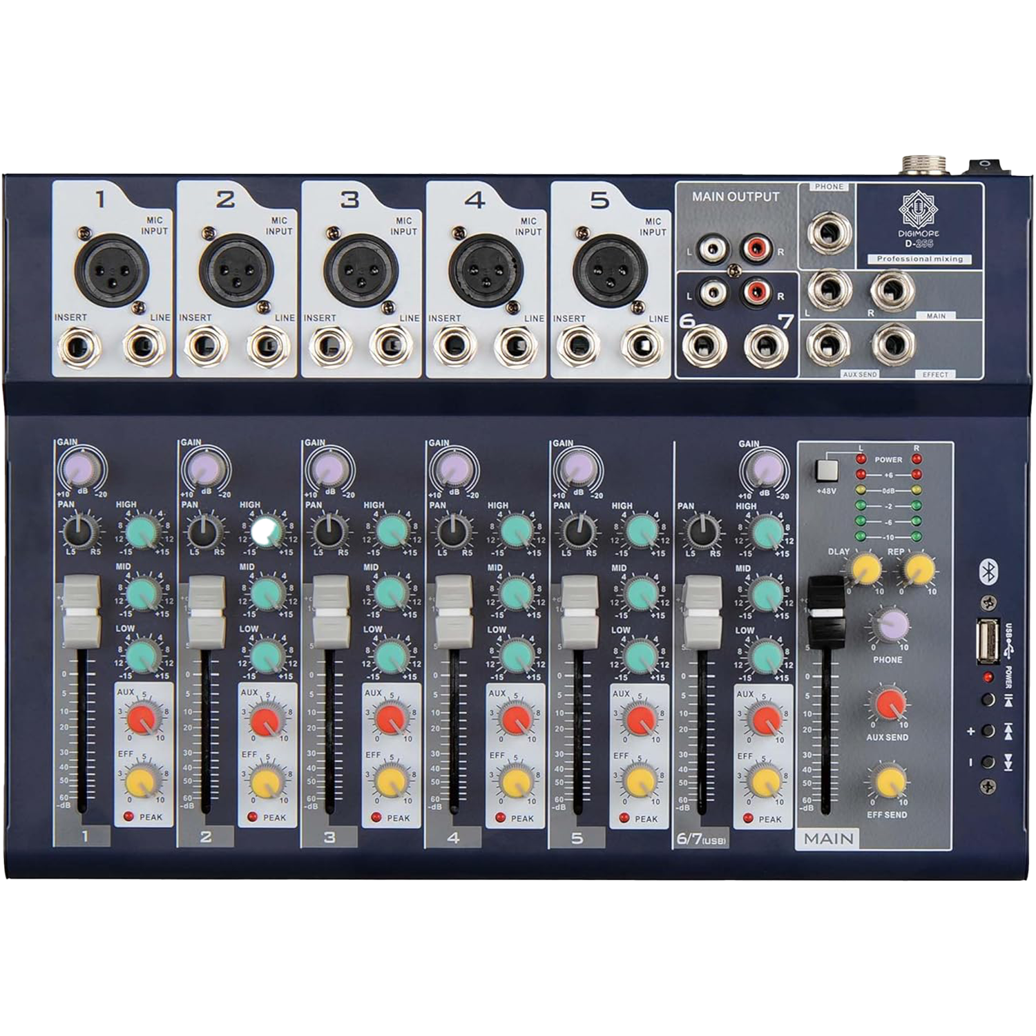 DIGIMORE 7 Channel Audio Mixer, Mixing Console with USB Audio mp3 and 48V Phantom Power, Stereo Equalizer, Ideal for Stage, Live Gigs, and Karaoke (D-255)