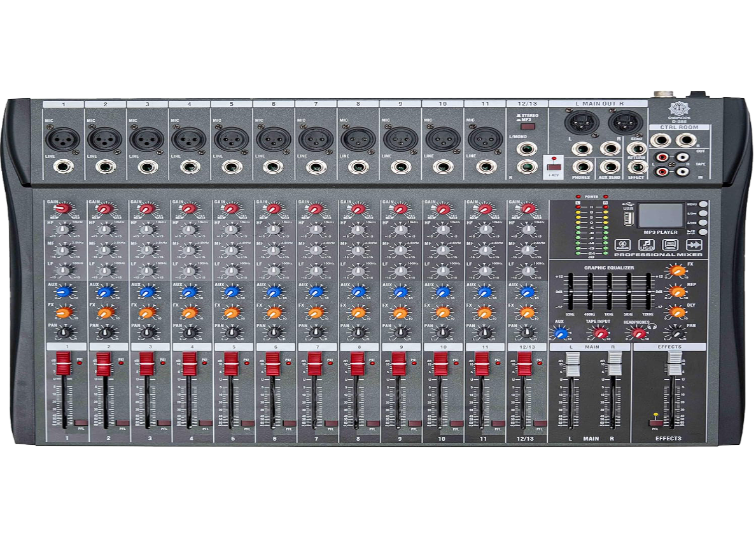 DIGIMORE Professional 12 Channel Mixer | 12 XLR + 6.35MM Inputs | USB MP3 & BT Support | 48V Phantom Power | 5-Band Eq | Delay & Repeat FX|Stereo Output| Stereo Control Room, Headphone, Aux, EFF D-285