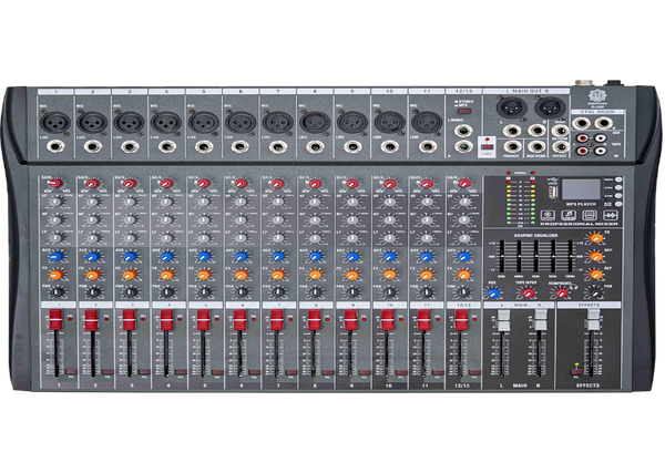 DIGIMORE Professional 12 Channel Mixer | 12 XLR + 6.35MM Inputs | USB MP3 & BT Support | 48V Phantom Power | 5-Band Eq | Delay & Repeat FX|Stereo Output| Stereo Control Room, Headphone, Aux, EFF D-285