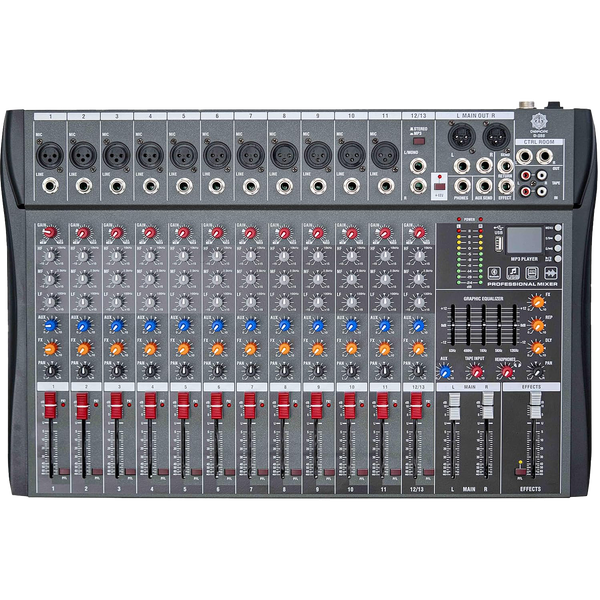 DIGIMORE Professional 12 Channel Mixer | 12 XLR + 6.35MM Inputs | USB MP3 & BT Support | 48V Phantom Power | 5-Band Eq | Delay & Repeat FX|Stereo Output| Stereo Control Room, Headphone, Aux, EFF D-285