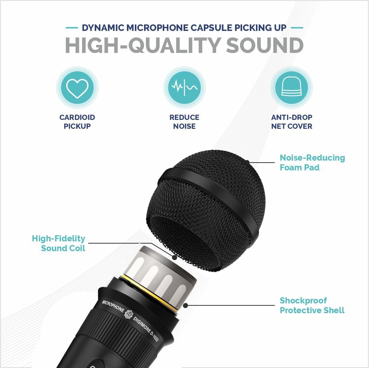 DIGIMORE Super-Cardioid Dynamic Microphone | Wired Mic with 20ft XLR Cable & Mic Holder | for Vocals, Singing, Karaoke, Live Performance, Studio, PA System, Stage, Recording (D-1020)