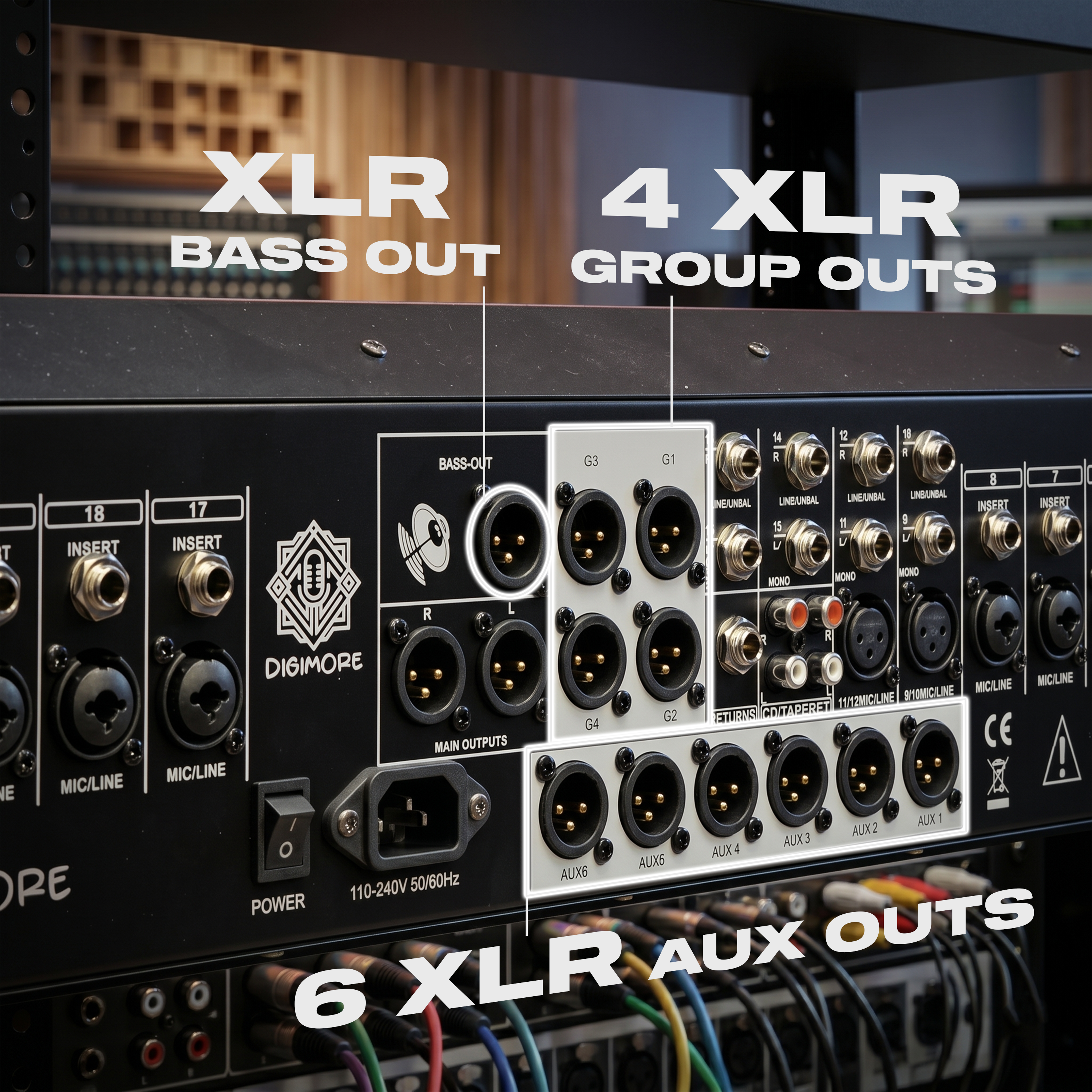Digimore 24-Channel Audio Mixer | 6 Aux, 4 Groups & 1 Bass XLR Output | Pre/Post Control | Mute & 48V Phantom Power | 99 DSP Effects | BT 5.4/USB/PC Recording | Ideal for DJ & Live Events (D-2024)