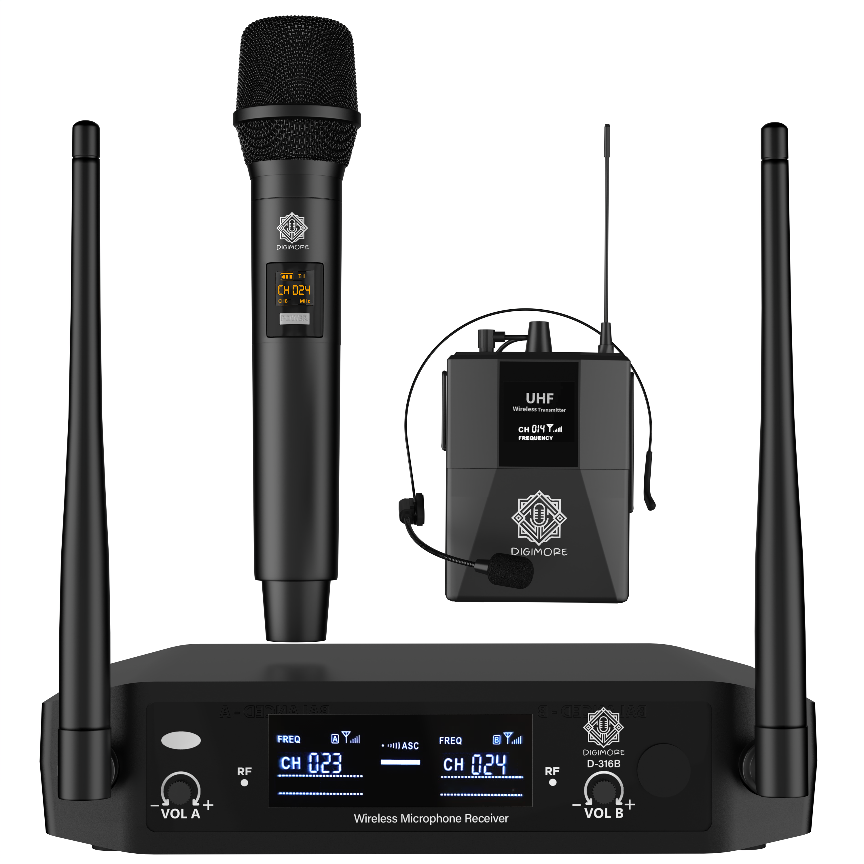 DIGIMORE Wireless UHF Microphone System with Fixed Frequency| 1 Handheld Mic and 1 Headset Lapel Mic| 2 Channels| 150Ft Range| Cardioid Pickup| for Singing, Presentations, Church, Live Speeches(D-316)