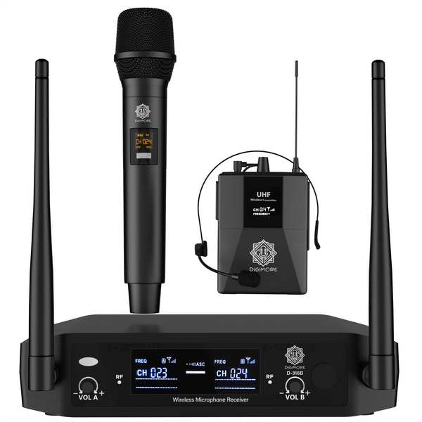 DIGIMORE Wireless UHF Microphone System with Fixed Frequency| 1 Handheld Mic and 1 Headset Lapel Mic| 2 Channels| 150Ft Range| Cardioid Pickup| for Singing, Presentations, Church, Live Speeches(D-316)