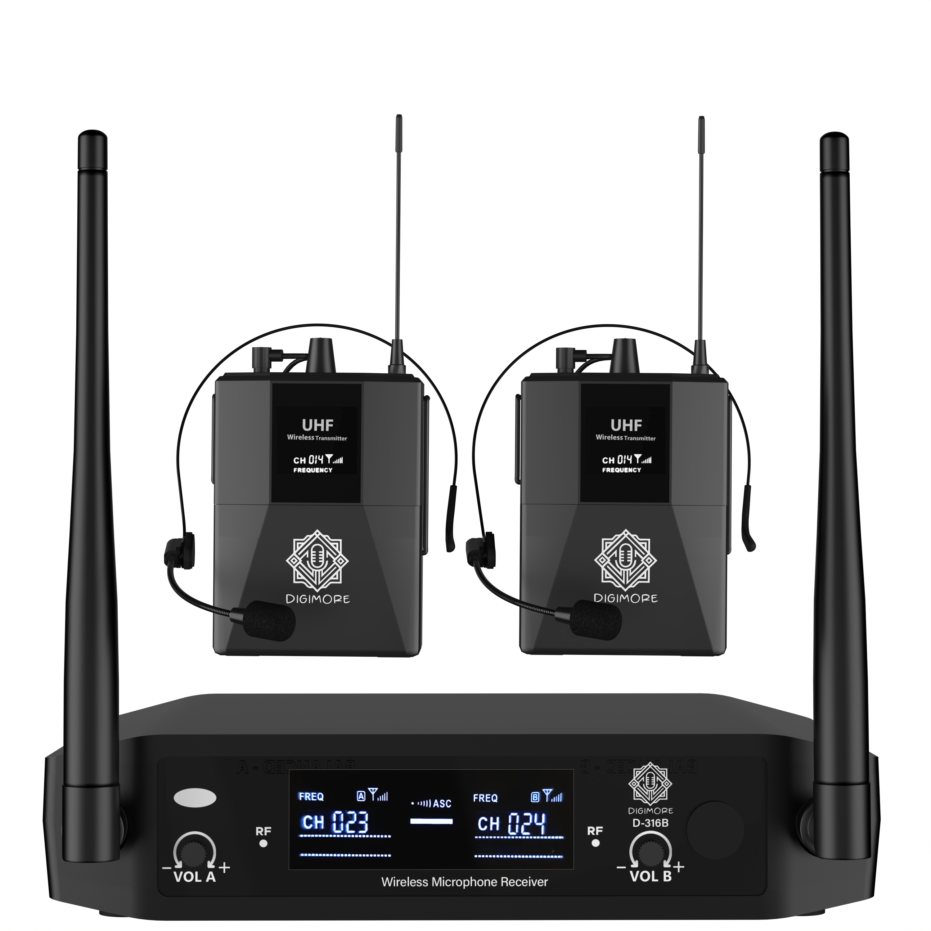 DIGIMORE Wireless UHF Microphone System with Fixed Frequency| Dual Headset Lapel Mics| 150Ft Range| Cardioid Pickup| Independent Volume Controls| Cordless Mic for Singing, Karaoke, Church, DJ (D-317)