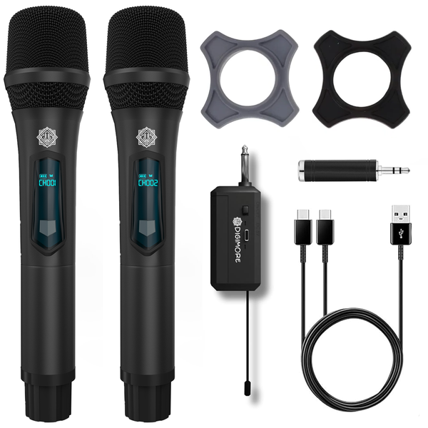 DIGIMORE Rechargeable Wireless Microphone| 6Hrs Battery | 200ft Range | Type-C Charging | LED Digital Display |2400MHz Cordless Mic for House Parties, Outdoor Party, Singing, Classroom (D-350 Black)