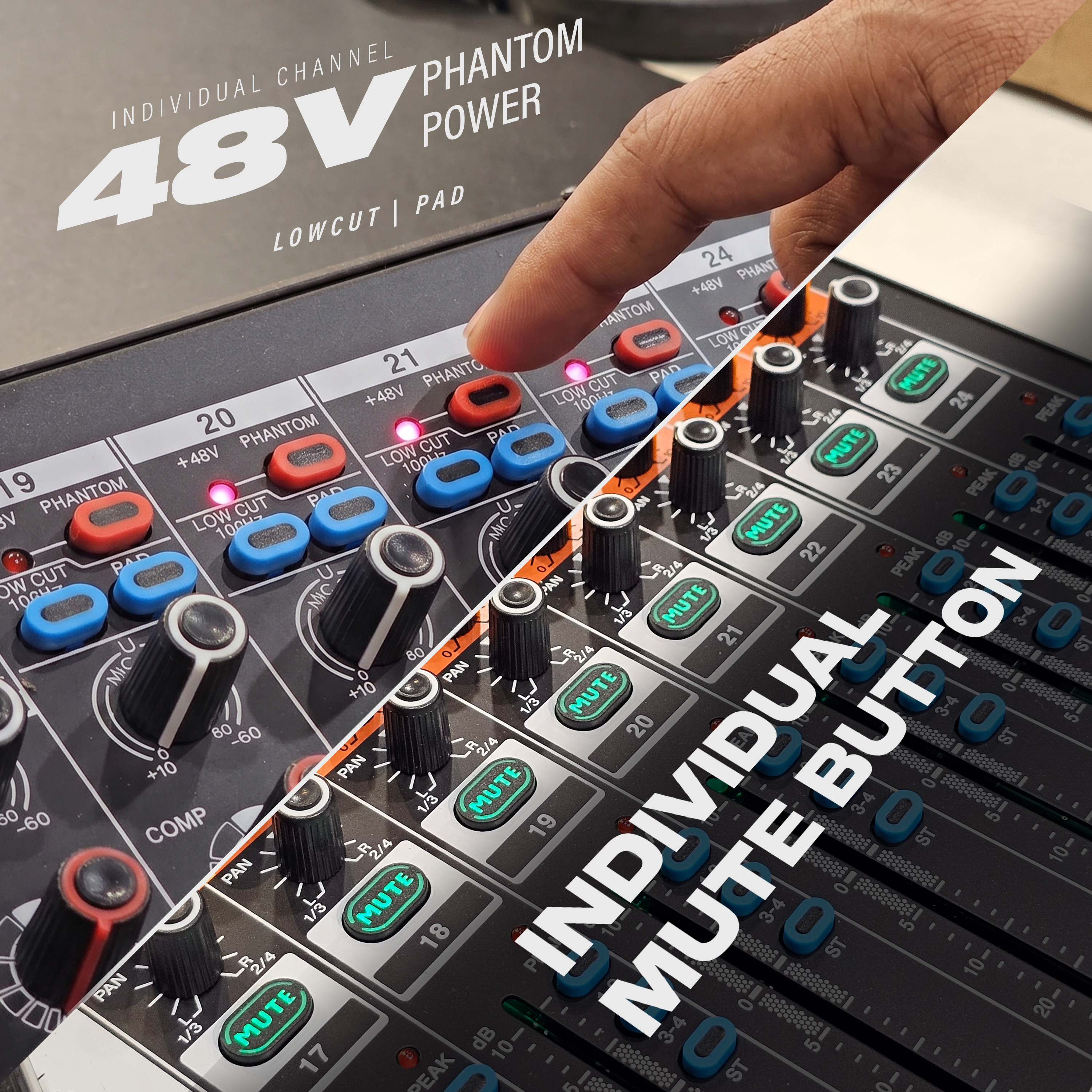 Digimore 24-Channel Audio Mixer | 6 Aux, 4 Groups & 1 Bass XLR Output | Pre/Post Control | Mute & 48V Phantom Power | 99 DSP Effects | BT 5.4/USB/PC Recording | Ideal for DJ & Live Events (D-2024)