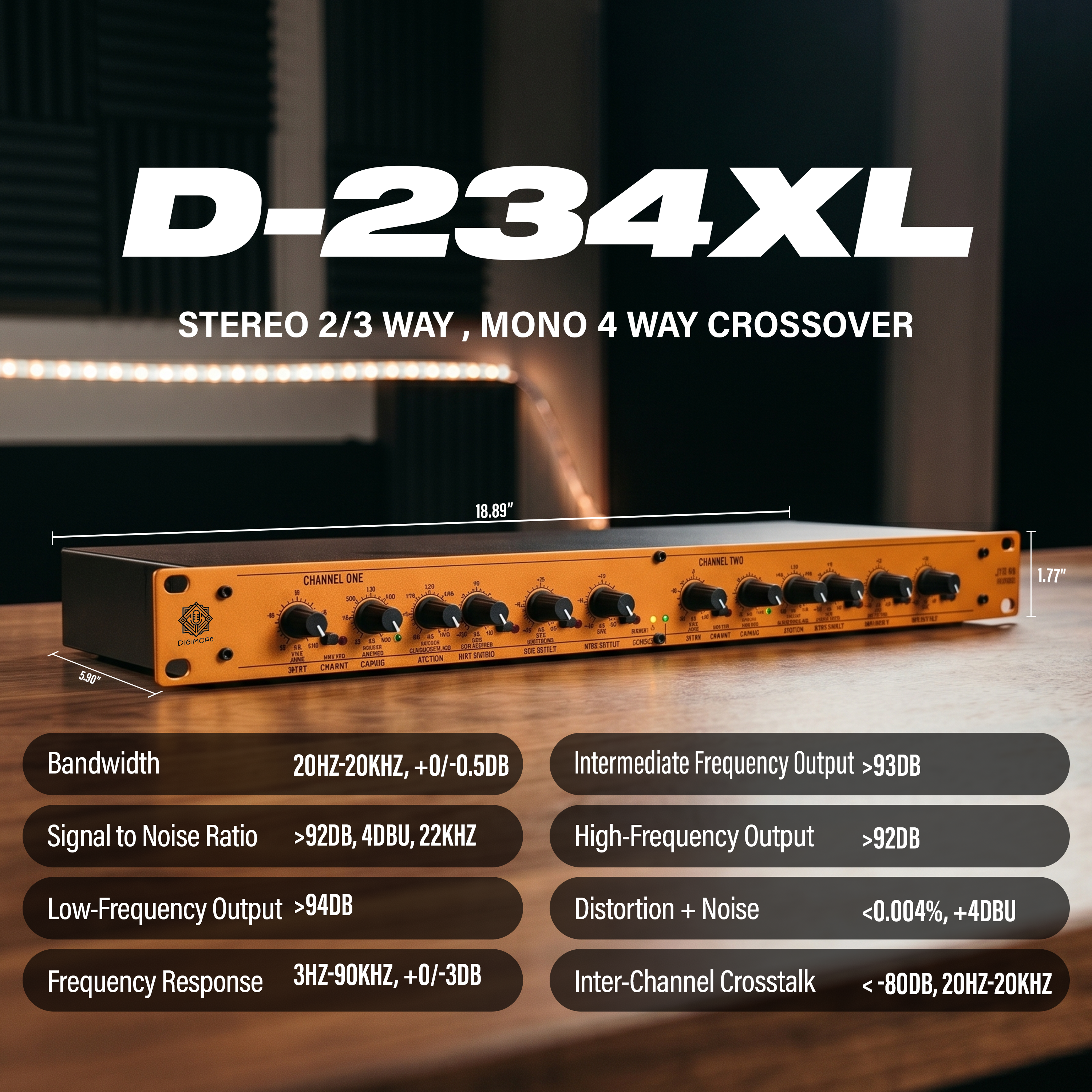 Digimore 2/3/4 Way Dual Channel Crossover | Balanced XLR Input/Output | 24dB Linkwitz-Riley Filters | Mono & Stereo Modes | Subwoofer Output | Phase Reverse | Ideal for PA, DJ & Studio (DC-234XL)