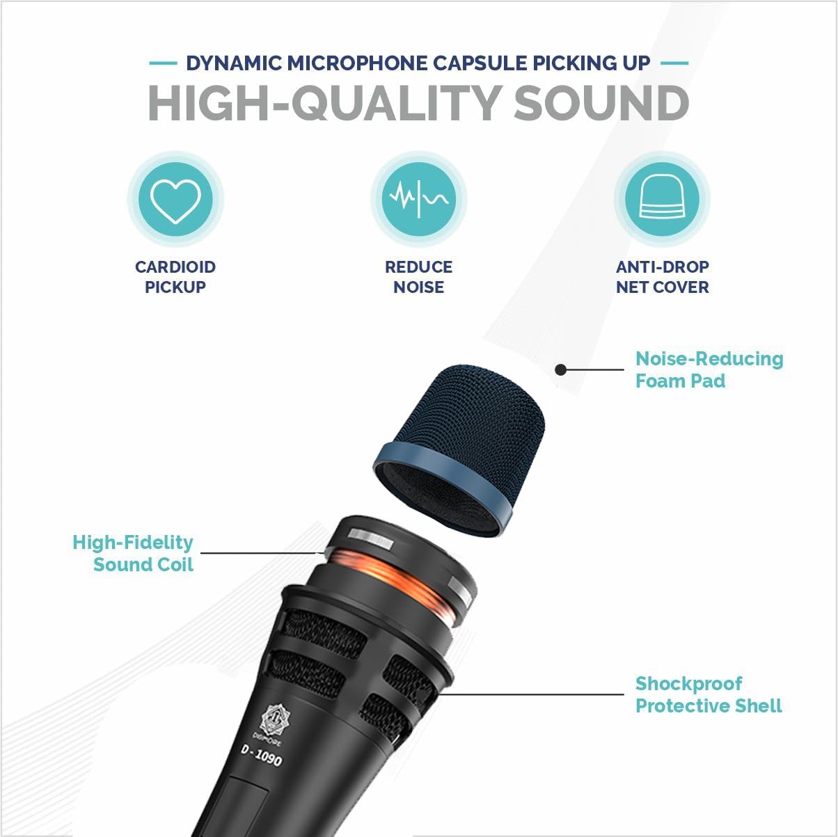 DIGIMORE Super-Cardioid Dynamic Microphone | Durable Metal Body | XLR to 6.35mm 20ft Cable with Mic Holder | Ideal for Vocals, Singing, Live Performance & Public Gatherings (D-1090)