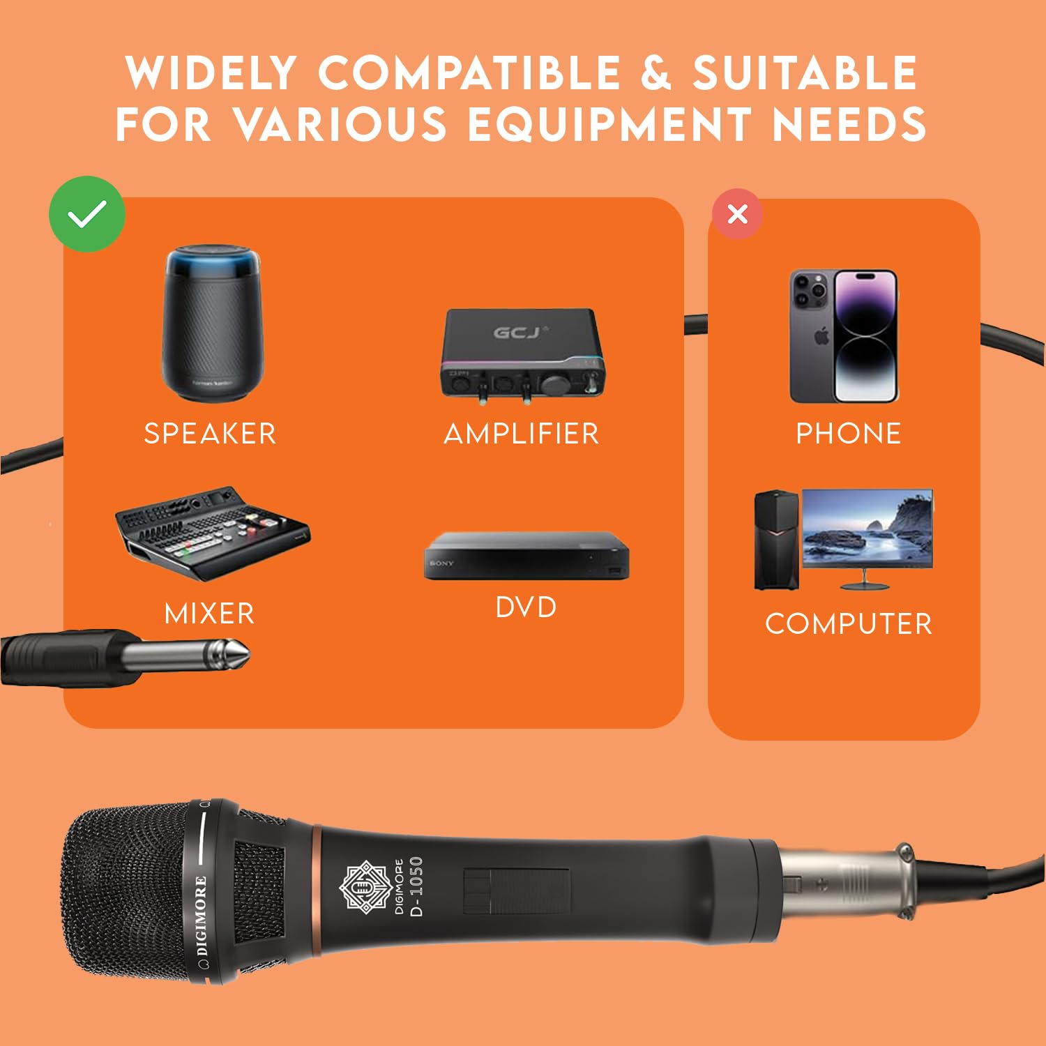 Digimore Supercardioid Dynamic Microphone | Metal Capsule | 20ft XLR Cable | Ideal for Vocals, Singing, Karaoke, Announcements, Live Performances (D-1050)