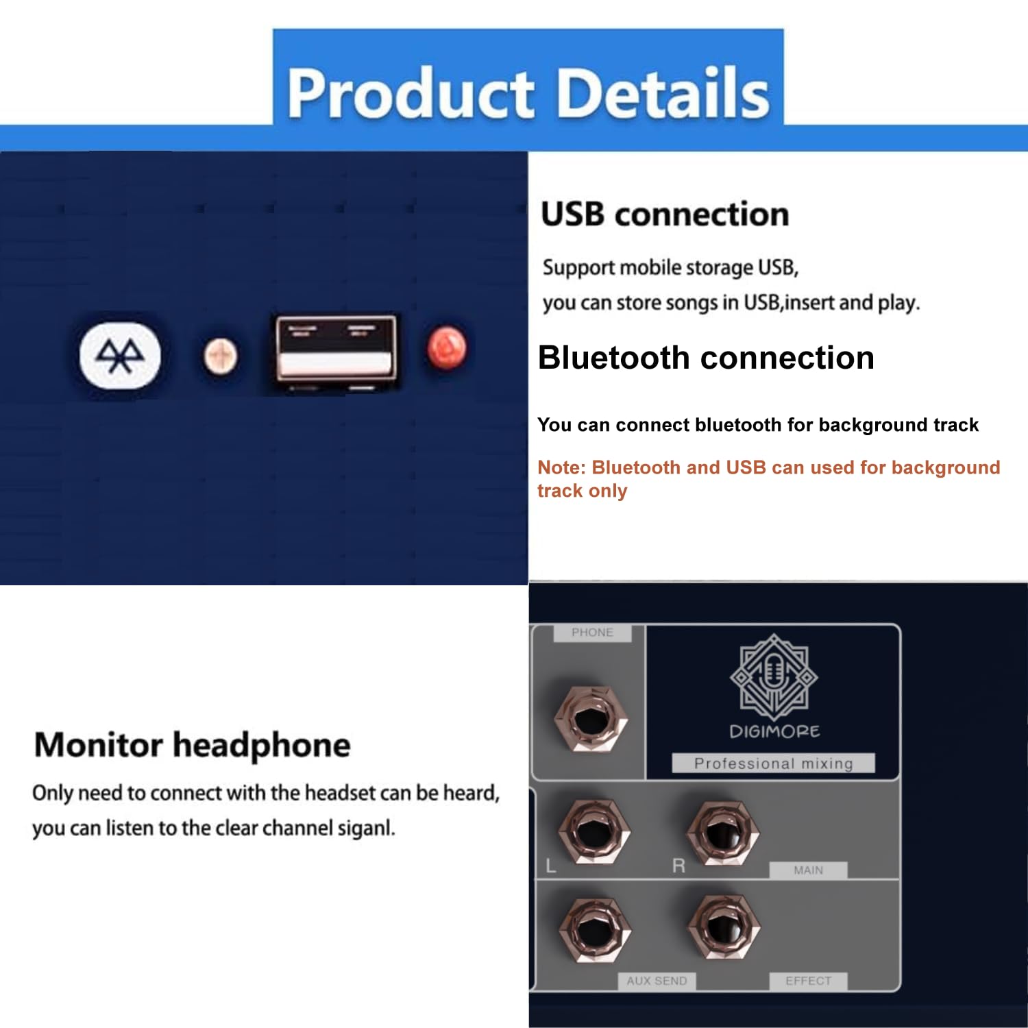 DIGIMORE Audio Mixer 4 Channel | Mixing Console with USB Audio mp3 and 48V Phantom Power, Stereo Equalizer, Ideal for Stage, Live Gigs, and Karaoke (D-250)