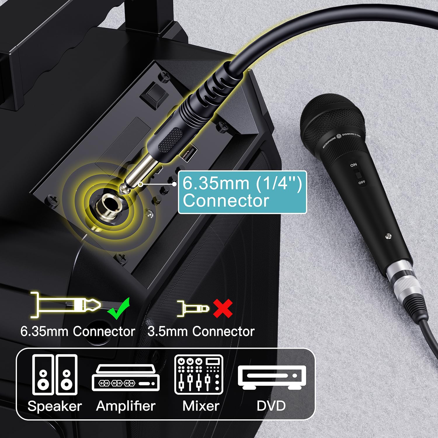 DIGIMORE Super-Cardioid Dynamic Microphone | Wired Mic with 20ft XLR Cable & Mic Holder | for Vocals, Singing, Karaoke, Live Performance, Studio, PA System, Stage, Recording (D-1020)