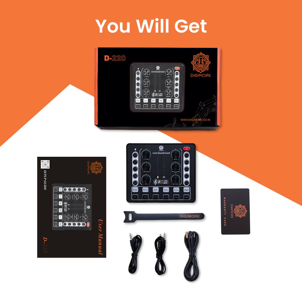 DIGIMORE Audio Mixer | Live Sound Card | Audio Interface with DJ Mixer Effects and Voice Changer, Podcast Production Studio Equipment, Prefect for Streaming Singing Gaming (D-220)