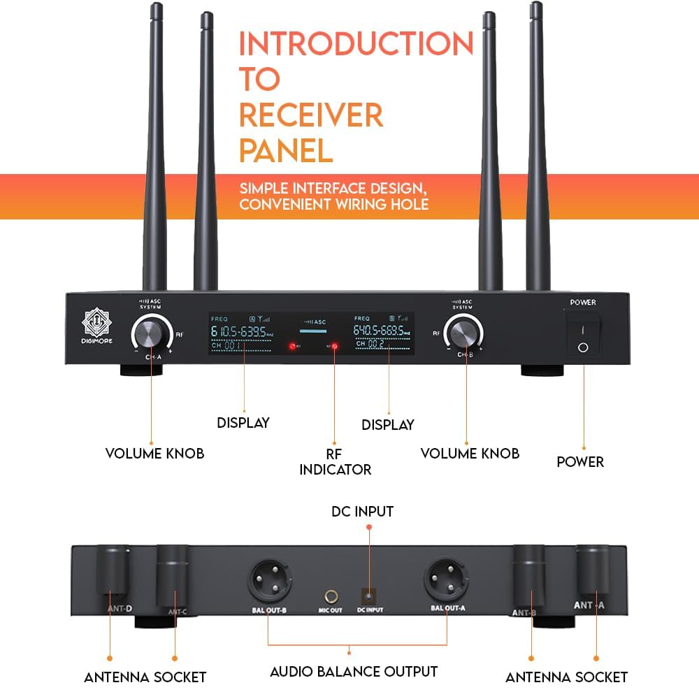DIGIMORE UHF Wireless 18" Desktop Gooseneck & One Handheld Microphone | 60 Channels | 300 Feet Range | Meetings Video Conferences, Streaming Lectures (D-620)