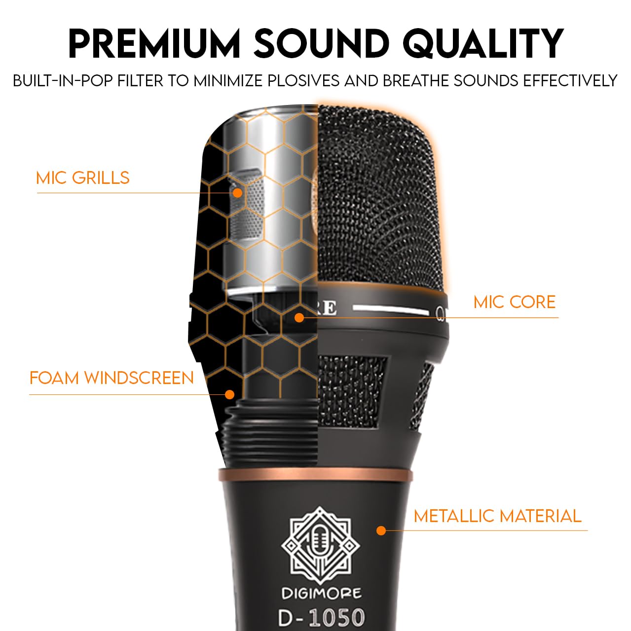 Digimore Supercardioid Dynamic Microphone | Metal Capsule | 20ft XLR Cable | Ideal for Vocals, Singing, Karaoke, Announcements, Live Performances (D-1050)