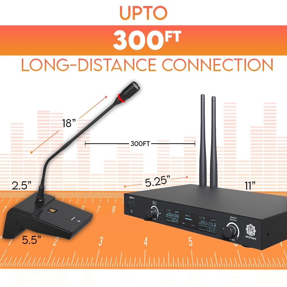 DIGIMORE UHF Wireless 18" Desktop Gooseneck & One Handheld Microphone | 60 Channels | 300 Feet Range | Meetings Video Conferences, Streaming Lectures (D-620)