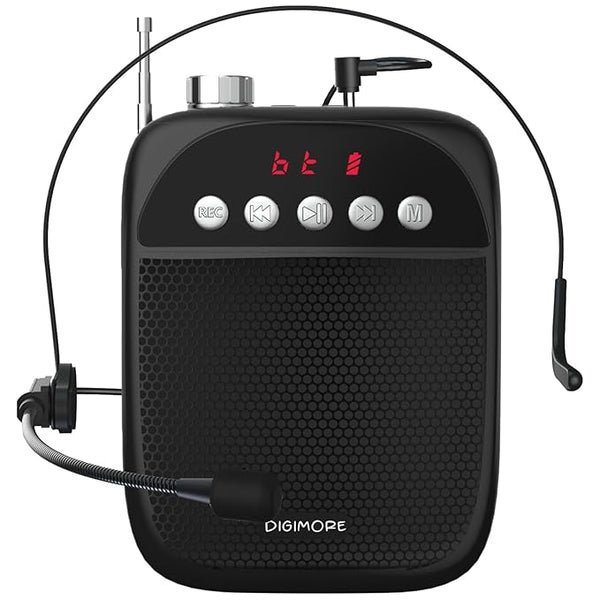 DIGIMORE Portable Voice Amplifier | 10W Loud Speaker w Head Mic | BT 5.0, USB MP3, FM, TF Card & Recording Feature | 10Hrs Battery Life | for Tour Guides, Yoga, Fitness Instructors, Colleges (D-1220)