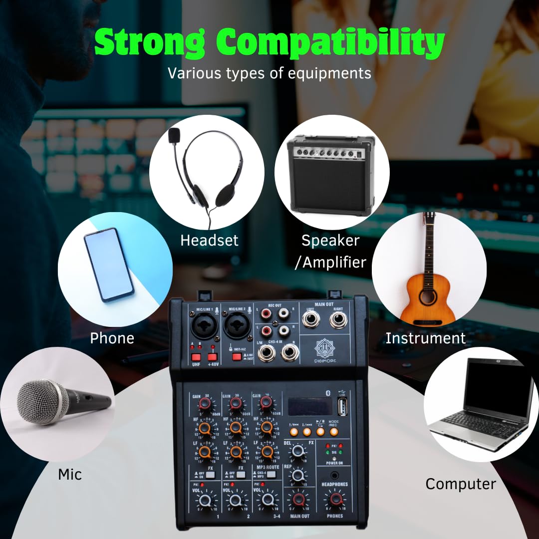 D-300 4 Channel Professional Audio Mixer With Dual Wireless Mic, Sound Board Console 16 DSP Controls MP3 Bluetooth 48V Phantom Power USB Interface DJ Mixing for Home Karaoke Party Studio Recording