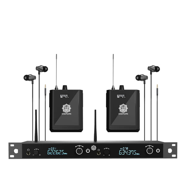 DIGIMORE UHF 2-Channel Wireless in-Ear Monitor System with Earphones | 328ft Range | 1U Rack Mount Body | for Stage Monitoring, Studio, Band Rehearsal, Live Performance (D-860)