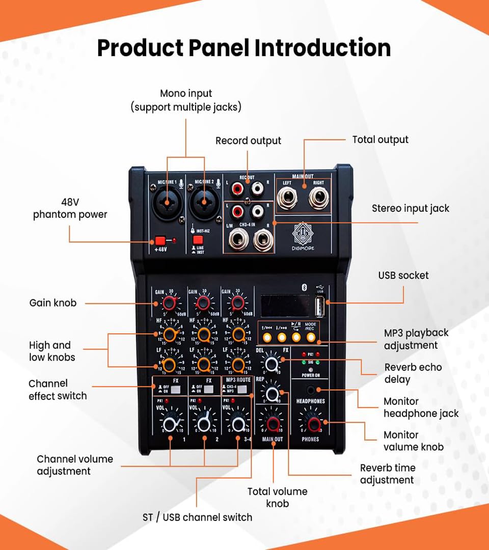 DIGIMORE Audio Mixer 4 Channel for Stage Live Studio Stereo Recording DJ Sound Board Console System Interface with 48V Phantom Power | HI-Z Function (D-200)