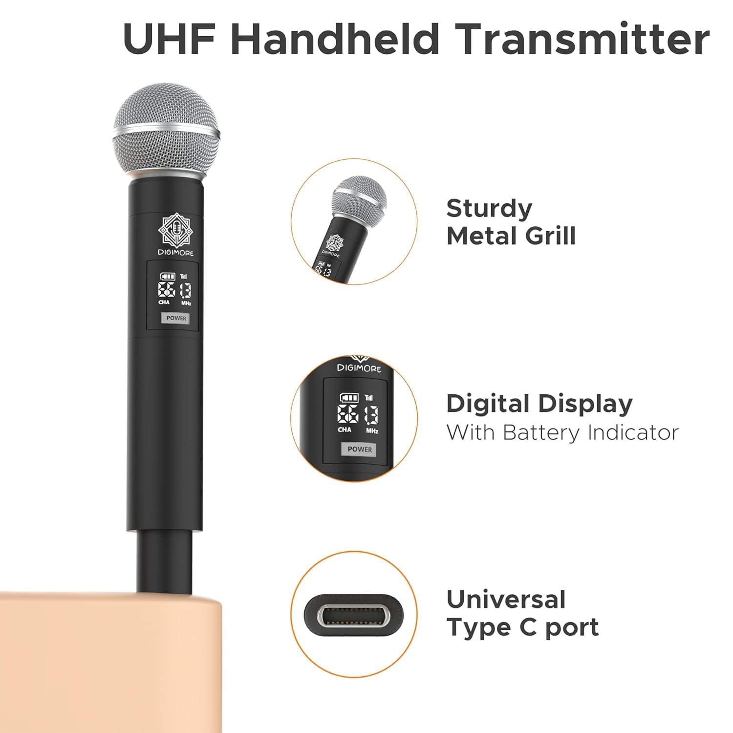DIGIMORE UHF Wireless Microphone System | Cardioid Pickup | 1 Hand + 1 Head Mic w 3-Pin Mini XLR | 197ft Range | Balanced XLR Outputs | Perfect for Stage, Events, Public Speaking & Worship (D-305 HL)