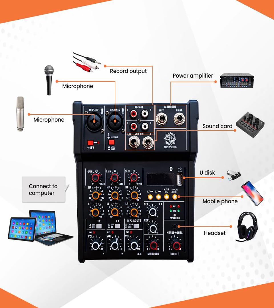 DIGIMORE Audio Mixer 4 Channel for Stage Live Studio Stereo Recording DJ Sound Board Console System Interface with 48V Phantom Power | HI-Z Function (D-200)