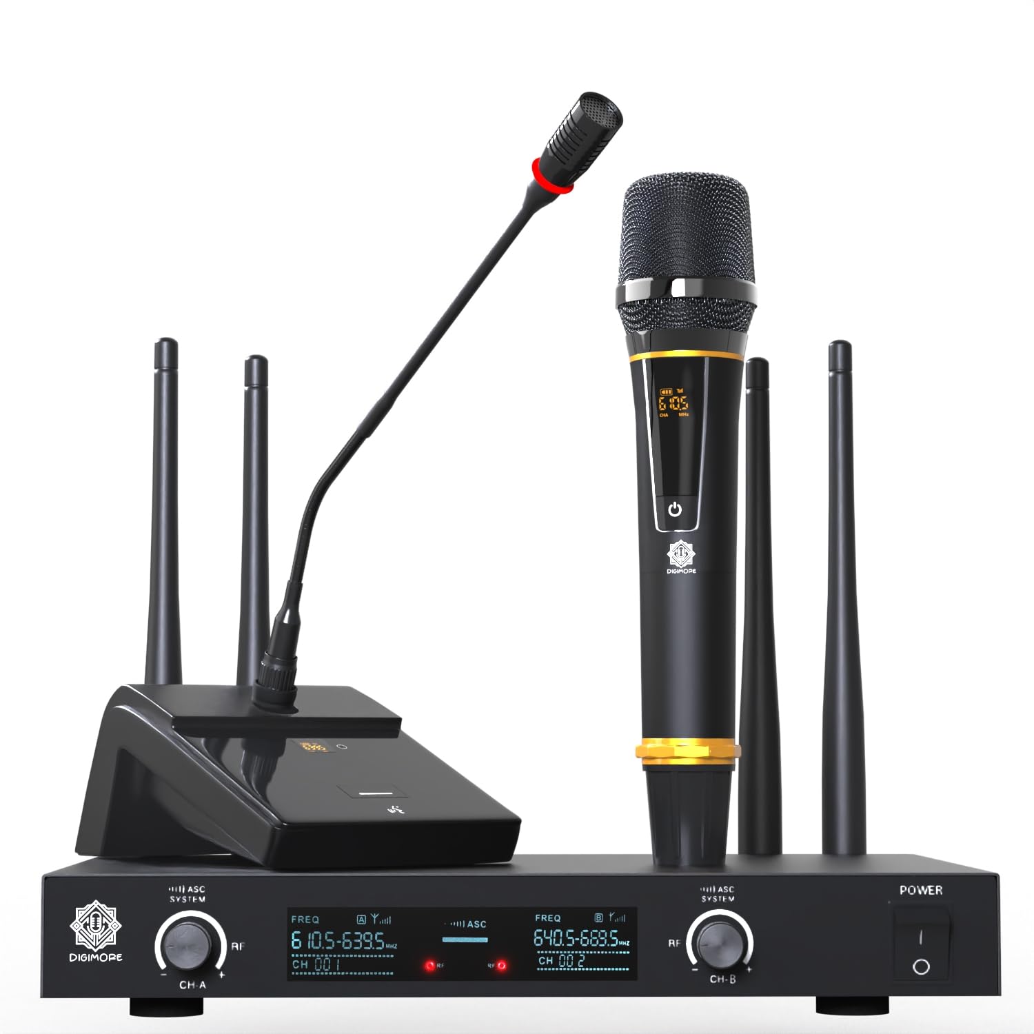 DIGIMORE UHF Wireless 18" Desktop Gooseneck & One Handheld Microphone | 60 Channels | 300 Feet Range | Meetings Video Conferences, Streaming Lectures (D-620)