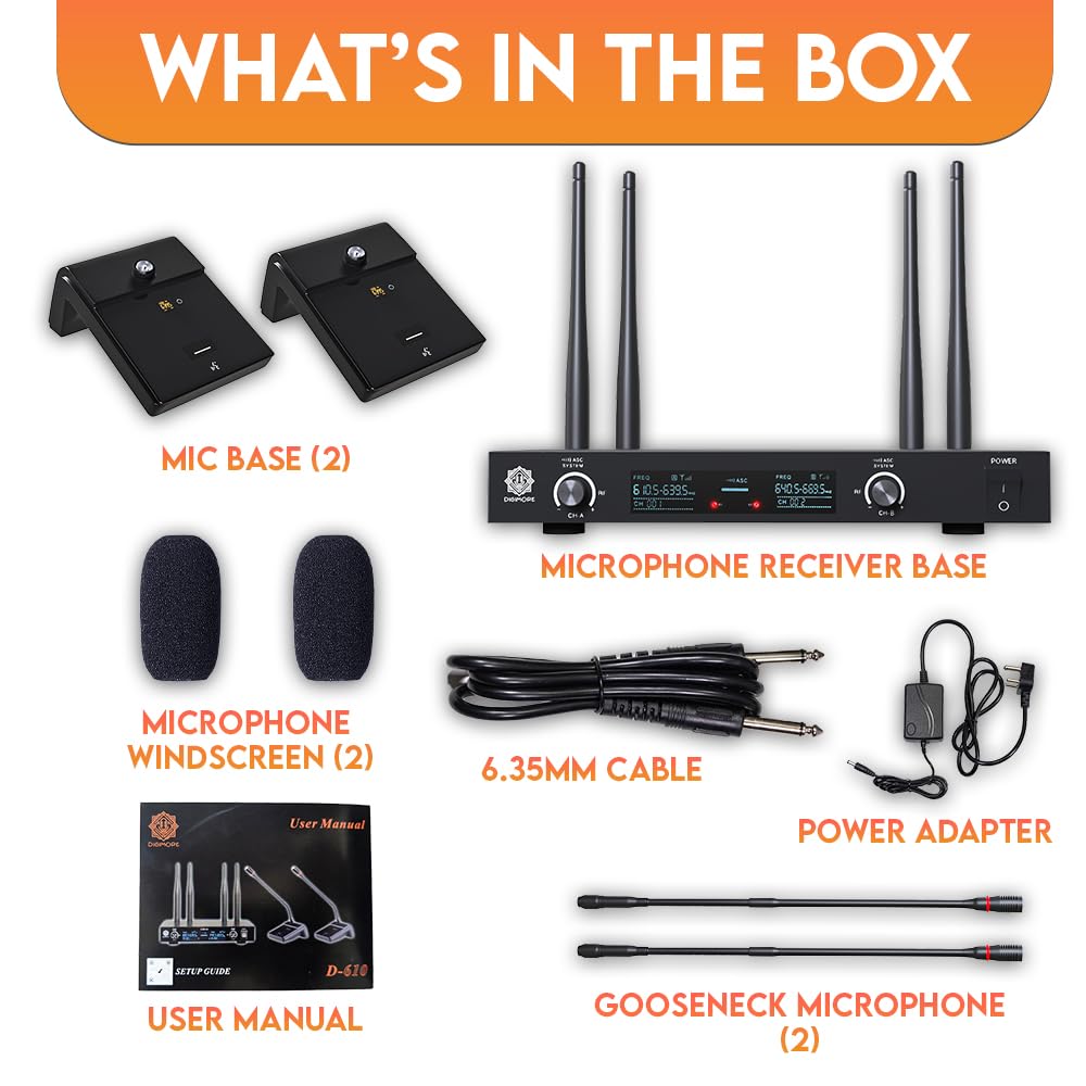 DIGIMORE UHF Dual Wireless Desktop Gooseneck Microphone 18" Podium Microphone with 60 Channels Selectable Frequency for Meetings Video Conferences, Streaming Lectures (D-610)