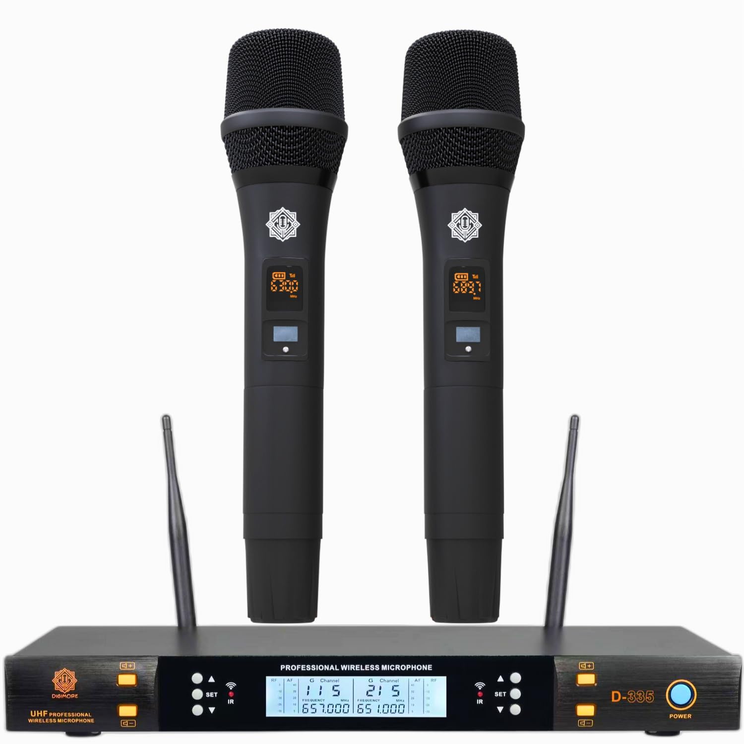 DIGIMORE Dual Wireless Microphone System | 200 Channels | 36 Sets | 328ft Range | IR Blaster | XLR & 6.35mm Output | Flight Case | for Live Performances, Karaoke, Public Speaking, Churches (D-335)