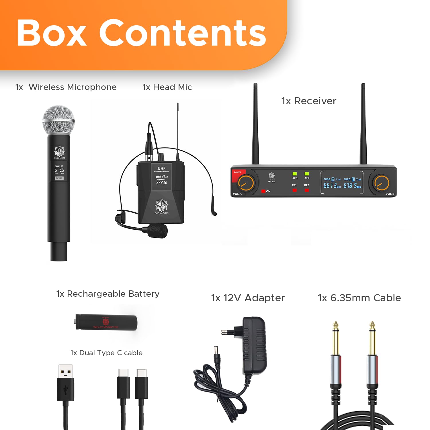 DIGIMORE UHF Wireless Microphone System | Cardioid Pickup | 1 Hand + 1 Head Mic w 3-Pin Mini XLR | 197ft Range | Balanced XLR Outputs | Perfect for Stage, Events, Public Speaking & Worship (D-305 HL)
