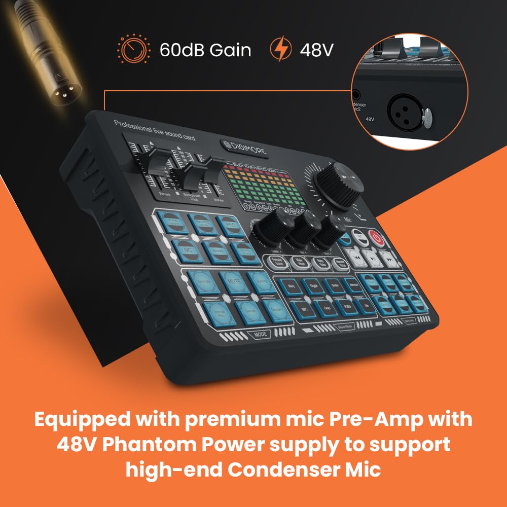 Digimore 48V Phantom Power Professional Live Sound Card for Home Recording Studio with Bluetooth, 4 Voice Change Modes, DeNoise, 3 Condenser Mic Inputs, 2 Phones & 1 Computer Outputs (D-210)