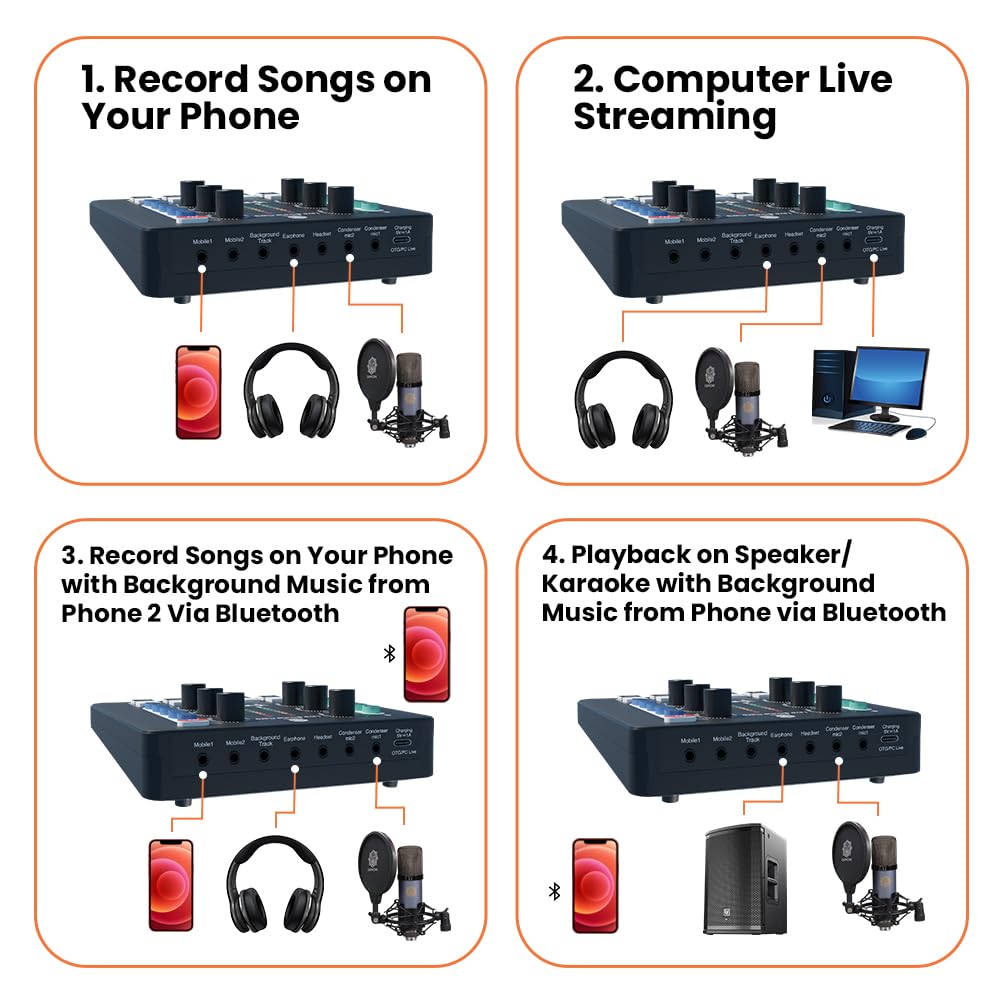 DIGIMORE Audio Mixer | Live Sound Card | Audio Interface with DJ Mixer Effects and Voice Changer, Podcast Production Studio Equipment, Prefect for Streaming Singing Gaming (D-220)