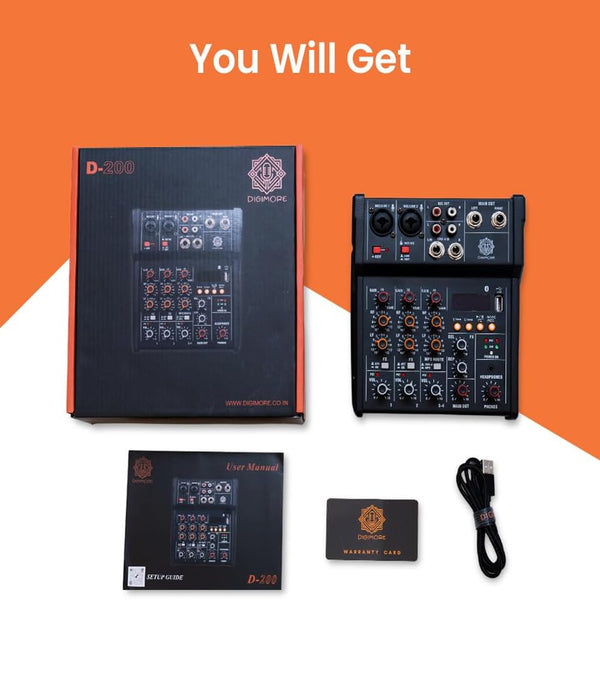 DIGIMORE Audio Mixer 4 Channel for Stage Live Studio Stereo Recording DJ Sound Board Console System Interface with 48V Phantom Power | HI-Z Function (D-200)