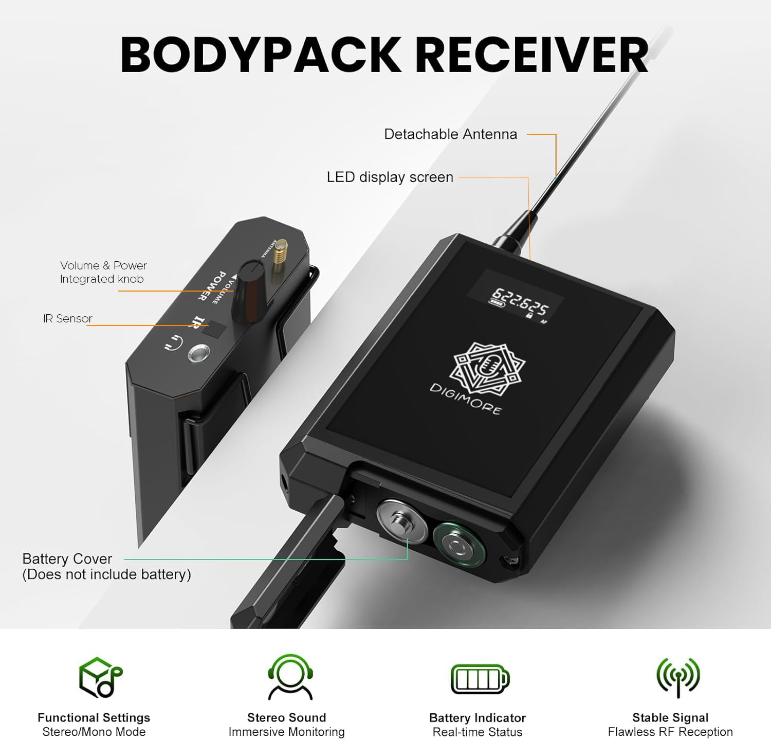 DIGIMORE UHF 2-Channel Wireless in-Ear Monitor System with Earphones | 328ft Range | 1U Rack Mount Body | for Stage Monitoring, Studio, Band Rehearsal, Live Performance (D-860)