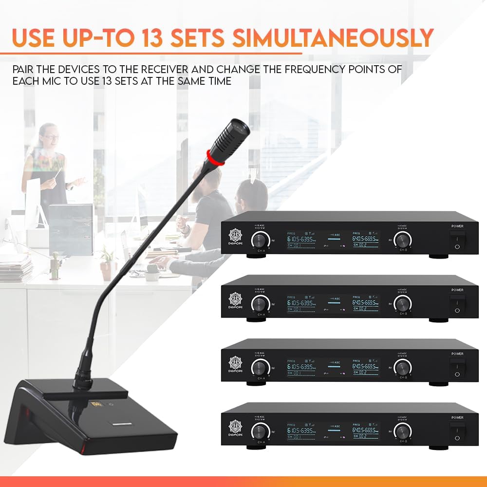 DIGIMORE UHF Wireless 18" Desktop Gooseneck & One Handheld Microphone | 60 Channels | 300 Feet Range | Meetings Video Conferences, Streaming Lectures (D-620)