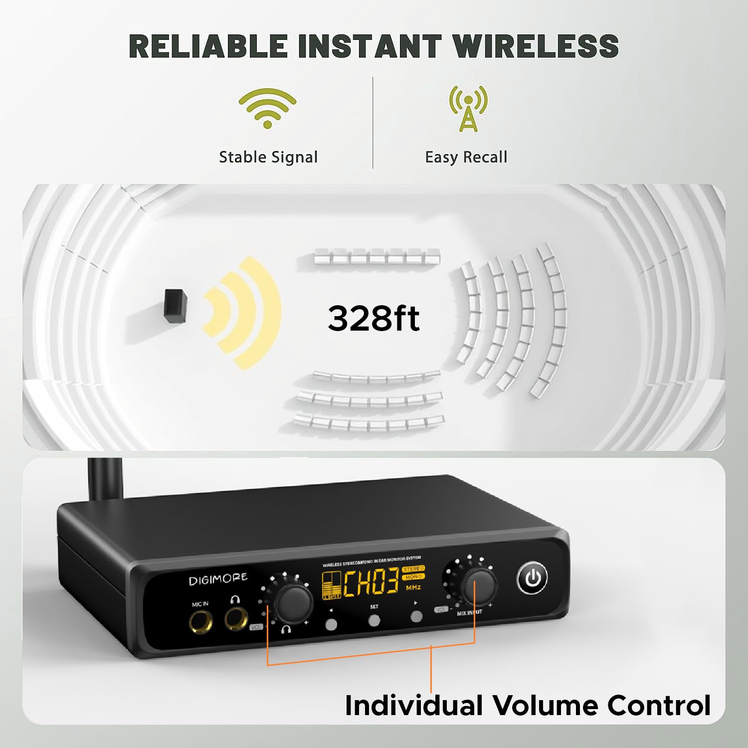 DIGIMORE UHF Wireless in-Ear Monitor System with Earphones | 328 Ft Range | Rack Mount | Professional Stereo Sound Transmitter | for Studio, Guitar, Band Rehearsal, Live Performance (D-800 Pro)