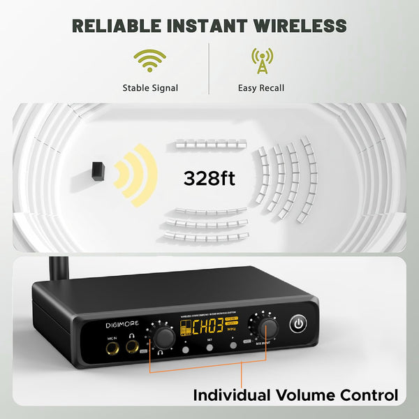 DIGIMORE UHF Wireless in-Ear Monitor System with Earphones | 328 Ft Range | Rack Mount | Professional Stereo Sound Transmitter | for Studio, Guitar, Band Rehearsal, Live Performance (D-800 Pro)
