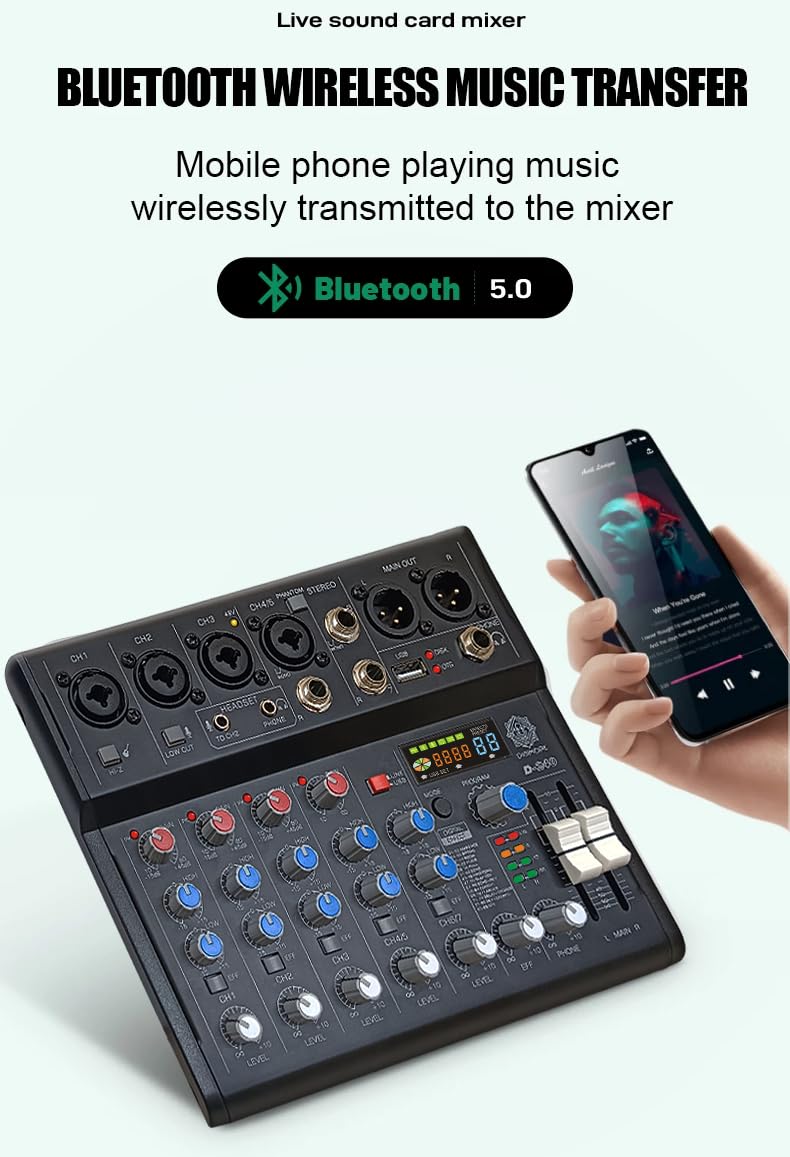 DIGIMORE 7 Channel Audio Mixer | DJ mixer Board | Bluetooth MP3 Mixer for Music With Sound Card Recording And 88 Kinds of DSP Digital Effects, USB Audio Interface for Karaoke (D-240)