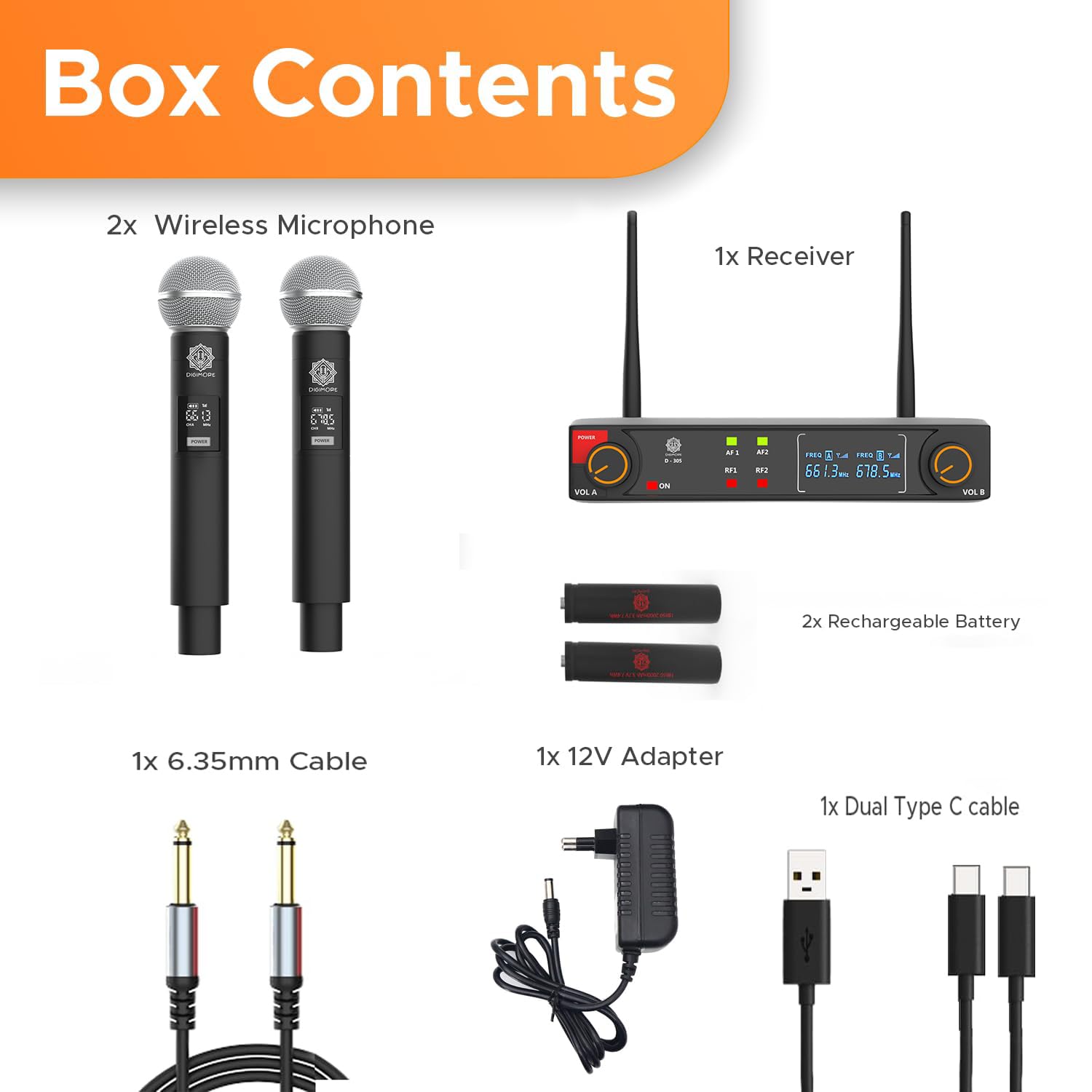 DIGIMORE UHF Dual Wireless Microphone System | 197ft Range | Cardioid Mic |Balanced XLR Outs | 8Hrs Battery Life | Type-C Charging | Perfect for Churches, Singing, Karaoke & Live Shows (D-305 HH)