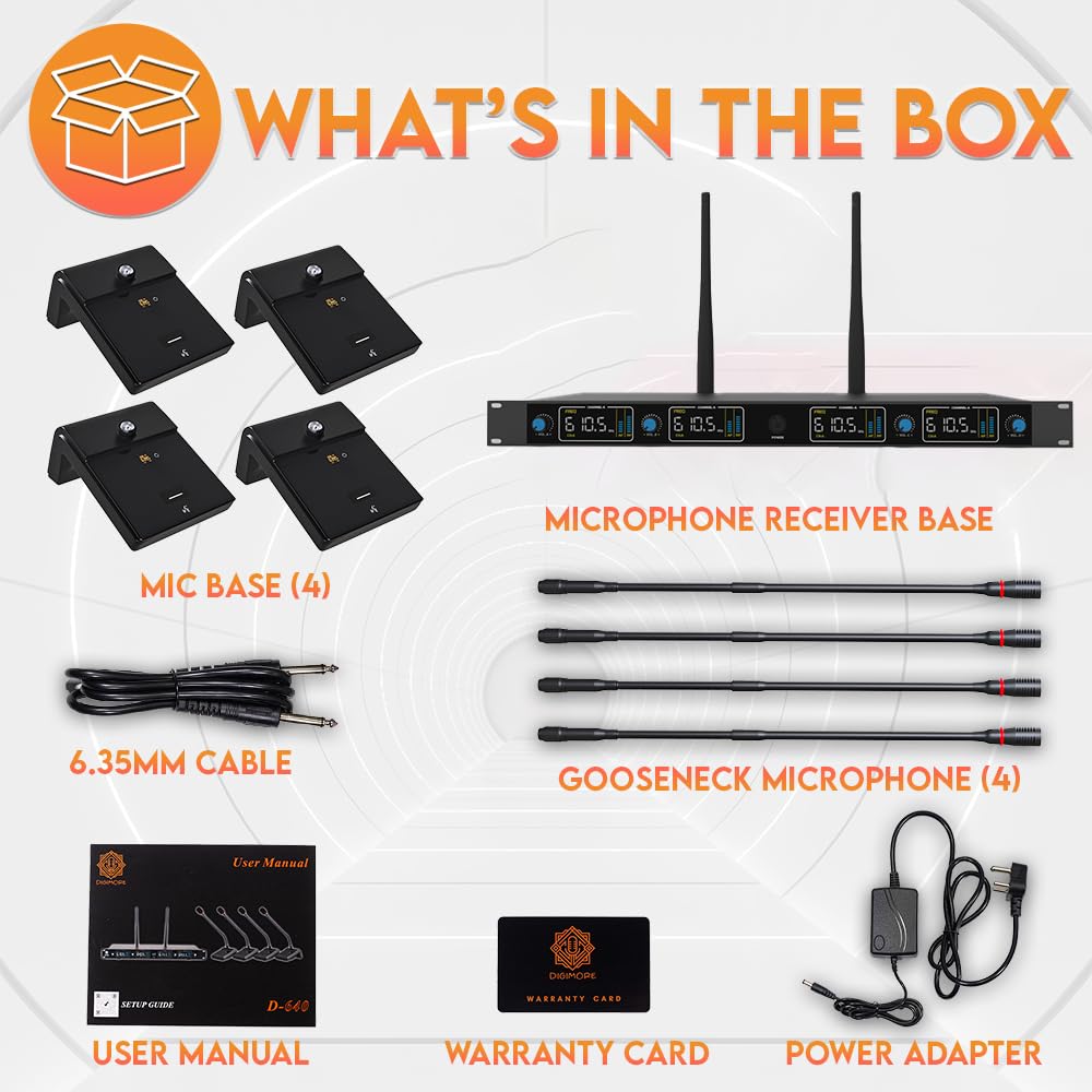 DIGIMORE UHF Wireless Desktop Gooseneck Microphone | 18" Podium Microphone | 120 Channels | 300 Feet Range | Meetings, Video Conferences, Streaming Lectures, Social Events (D-640)