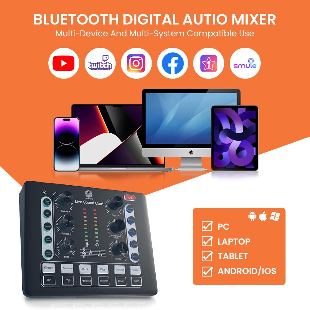 DIGIMORE Audio Mixer | Live Sound Card | Audio Interface with DJ Mixer Effects and Voice Changer, Podcast Production Studio Equipment, Prefect for Streaming Singing Gaming (D-220)