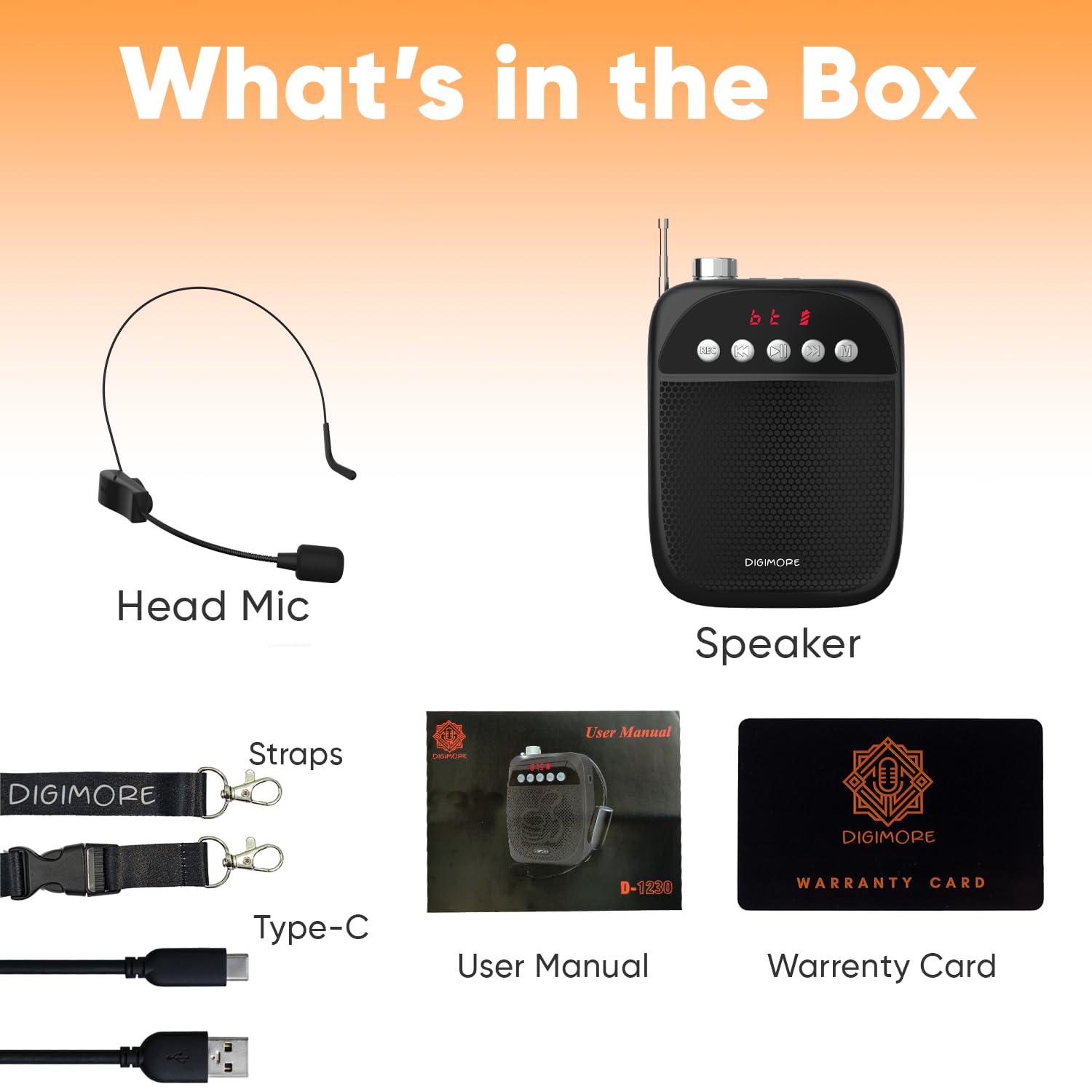 DIGIMORE Wireless Portable Voice Amplifier | 10W Speaker w Head Mic | BT 5.0, USB MP3, FM, TF Card & Recording Feature | 10Hrs Battery | for Tour Guides, Yoga, Fitness Instructors, Colleges (D-1230)